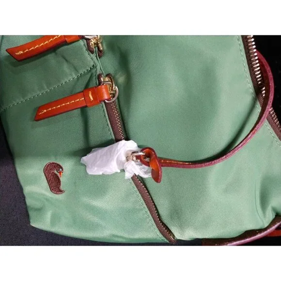 NWT Dooney & Bourke Green Nylon Hobo Shoulder Bag W/ Brown Leather Trim & Zipper